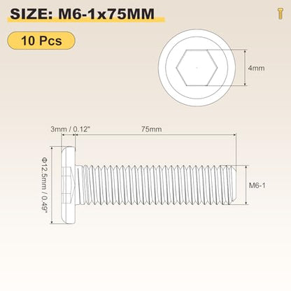 METALLIXITY Flat Head Hex Socket Cap Screws M6-1x75 10Pcs - color: Silver Tone, size: M6-1x75mm