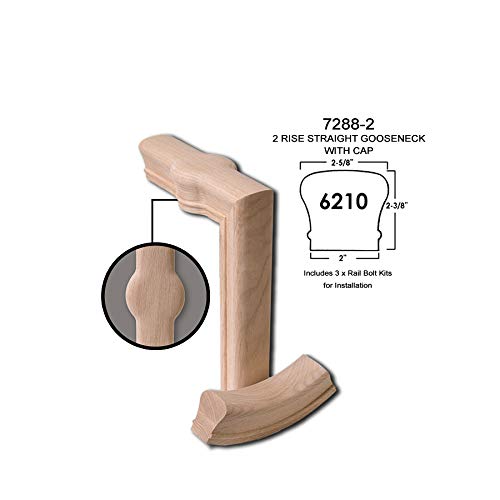7288-2 Red Oak 2 Rise Straight Gooseneck with Cap - 6210 Wood Staircase Handrail Fitting for Stair Remodel - style: 2 Rise Straight Gooseneck w/ Cap - Red Oak