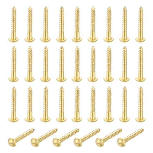 MECCANIXITY 35 Pcs Brass Screws, M2.5 x 16mm Solid Slotted Round Head Self-Tapping Wood Screw Fasteners for Woodworking Furniture Repair Photo Frame Drywall Home Appliances, Gold - size: M2.5 x 16mm