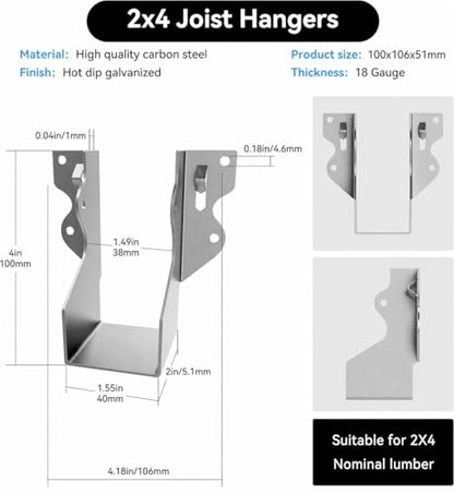 50 Pcs LU24 2X4 Joist Hanger Tie Brackets 18 Gauge Galvanizing Face Mount Joist Hangers for Wood Hurricane Ties Widely Applicable Rafter Tie - size: 50 Pcs 2x4, style: Galvanized Joist Hanger