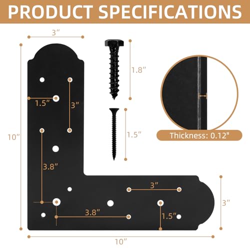 L Shape Steel Flat Bracket, 4 Pcs 10" X 10" Flat Fixing Mending Plates Black Flat Repair Plate Bracket with Screws Set for Wood Lumber Timber Connectors - style: L