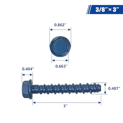 3/8 x 3 Heavy-Duty Hex Head Concrete Anchors, 15 PCS, Corrosion Resistant Blue Climaseal Coating, Outdoor Rated Use, Concrete Block and Masonry Brick Screws - size: 3/8 x 3"