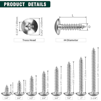 #4 x 7/8" Truss Head Wood Screw, Phillips Truss Head Self Tapping Sheet Metal Tek Screw, 18-8 Stainless Steel 304, Brgiht Finish, 100 PCS - size: #4 x 7/8"