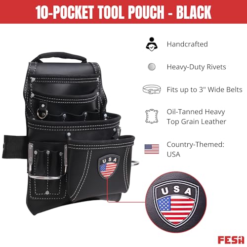 FESA Leather Carpenter Tool Pouch - 10-Pocket Heavy Top Grain Leather Carpenter Pouch with 2 Hammer Loops, Large & Small Pockets - Fits Work Belts up to 3" - Handcrafted - Country-Themed - color: Black - USA
