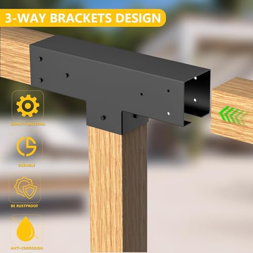 4x4 Pergola Brackets Kit, 3-Way T Shape, 3.58 x 3.58 in, 2 Pack - color: T-shape 3-Way--2Pack