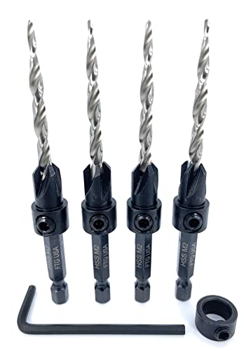 FTG USA 4 Pc #8 (11/64") Tapered Countersink Drill Bit Set with 1 Stop - size: #8, style: Same Sort 4 Pc