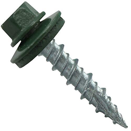 10 x 1 Evergreen Metal Roofing Screws - Hex Washer Head- Self-Starting/Tapping - EPDM Washer. 1 Bag - 250 Screws - color: EVERGREEN, size: 1"