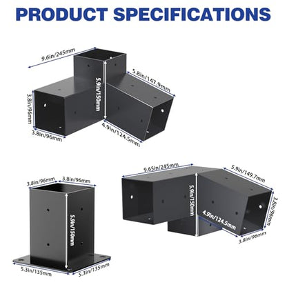 Pergola Kit - 3-Way Slanted Brackets, Powder-Coated, 4" x 4" (Actual: 3.5x3.5 Inch), Hardware for Outdoor Wood Pergolas, Gazebos, Sheds (8 pcs)