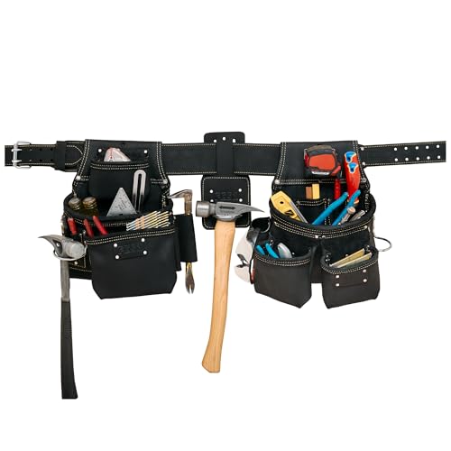 FESA 3 Inch Leather Tool Belt for Men with Hammer Holder Adjustable 34"-44" - color: Black