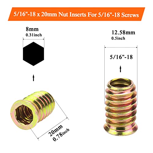 5/16-18 Threaded Inserts, Wood Inserts, Steel Threaded Inserts for Wood Furniture Screw, HELIFOUNER 30 Pieces 5/16”-18 x 20mm Threaded Inserts with Hex Wrench for Wood Furniture - size: 5/16"-18 x 20mm