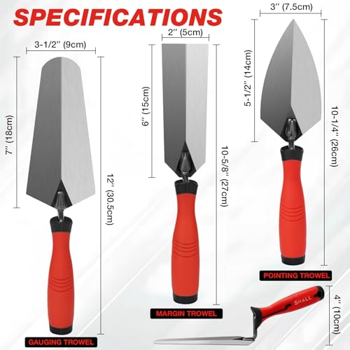 SHALL 3-Piece Masonry Tools Set, 6’’ Margin Trowel, 5.5’’ Pointing and 7’’ Gauging Trowel with Soft Grip Handle, Bricklaying Hand Tool for Concrete, Cement, Plaster, Tile Construction Projects