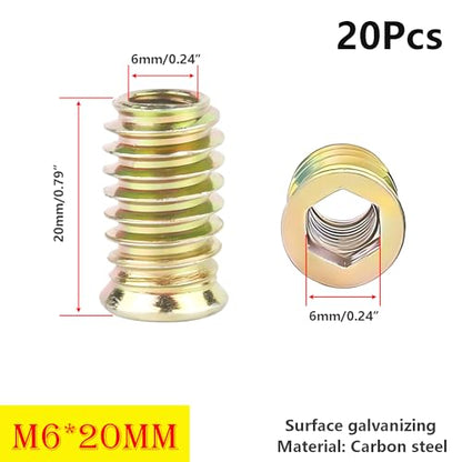 Qrity 20 Pcs Threaded Insert, Hex Drive Threaded Inserts for Wood, Furniture Nuts, Hex Socket Drive M6x20mm, Wood Inserts - size: M6 x 20