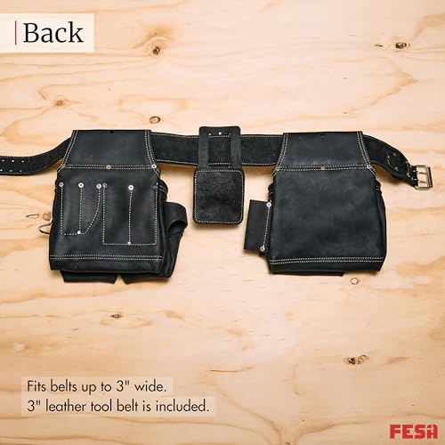 FESA 3 Inch Leather Tool Belt for Men with Hammer Holder Adjustable 34"-44" - color: Black