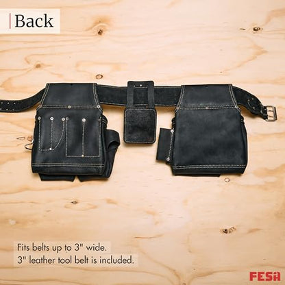 FESA 3 Inch Leather Tool Belt for Men with Hammer Holder Adjustable 34"-44" - color: Black