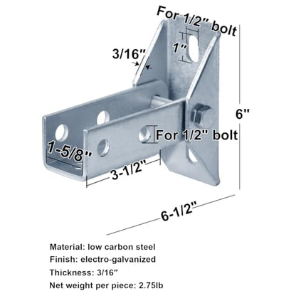 heneng 2 Pack Adjustable Angle Bracket for 1-5/8" Strut Channel,3/16" Thick