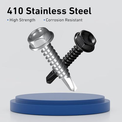 #6 x 1/2 Inch Self Drilling Screws, (318pcs) 1 lbs Black Self Tapping Screws for Metal, 410 Stainless Steel Hex Washer Head Sheet Metal Screw - color: Black 1lb Per Box, size: #6x1/2"