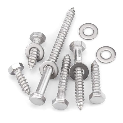 8-Sets 3/8 x 5 Hex Head Lag Screws & Flat Washers, Heavy Duty Lag Wood Screws, 304 Stainless Steel (18-8), 3/8" Bolt - size: 3/8 x 5