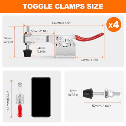 4 Pack Toggle Clamps, Hold Down Clamp 220Lbs Holding Capacity Quick Release Horizontal Clamps 201B with Rubber Pressure Tip for Woodworking Jigs and Fixtures, Welding, Drill Press, Crosscut Sled - size: 4Pack-201B