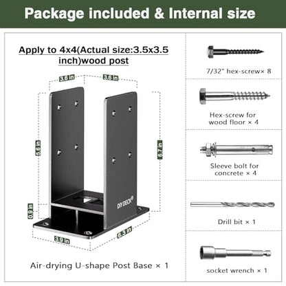 4x4 Wood Post Base (Internal Size 3.6" x3.6 ) Heavy Duty Stainless Steel Powder-Coated Post Anchor with Air Flow Channel Fence Post Anchor Base for Deck Railing, Pergolas, Fence Pillar, 1Pack - size: 4x4, style: 1Pack