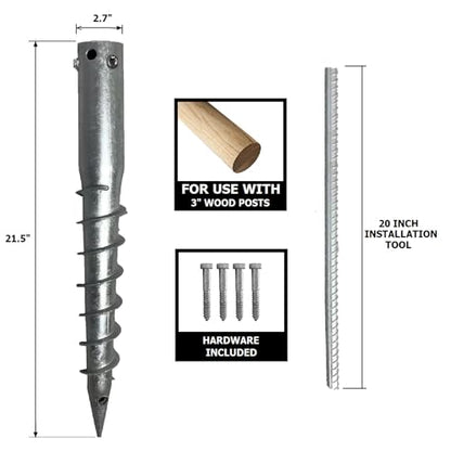 Ashman Ground Screw Round Posts (4 Pack), Outdoor No Dig Ground Screw Anchor with helical Spiral, 21" Inch Long - Fits Round Post & Flag Pole Base Ground Mount Screw in Post Stake, Mailbox Posts.