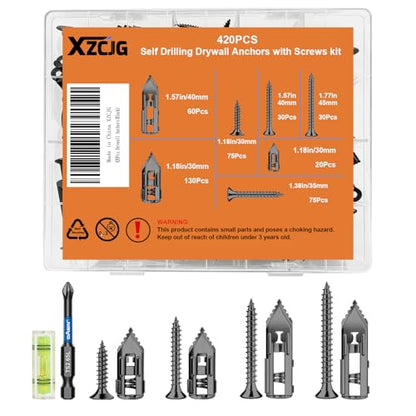 Metal Self Drilling Drywall Anchors with Screws Kit with Bit and Level - color: Black-420Pcs