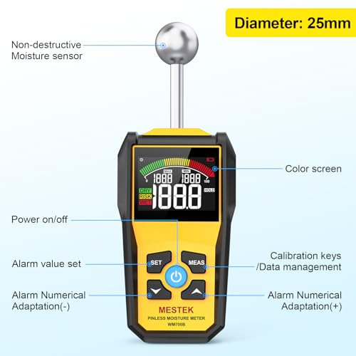 MESTEK Wood Moisture Meter for Non-Destructive Moisture Detection in Drywall, Wood, and Masonry, Moisture Tester with Backlit Color LCD Display & Alarm Function, Detects up to 20-40mm Below Surface