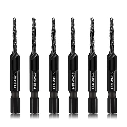 DKIBBITH 6 Packs M3 Combination Drill & Taps Bit Set, Screw Tapping Threading Tools in Size M3*0.5 with Anti-Rust Black Coating, 1/4" Hex Shank and Storage Case - size: M3x0.5