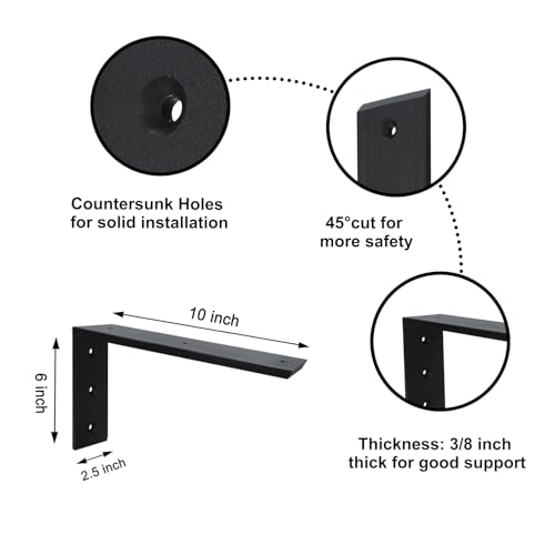 3 Pack 10" x 6" x 2.5" Heavy Duty Granite Countertop Brackets, Black Iron, Wall Mount, L Shape, 300LB Capacity Each - size: 10"x6"x2.5"-3pack, style: Black-3/8" Thick