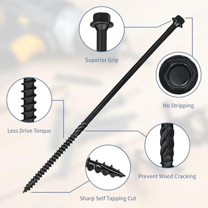Lag Screws 10 Inch, #14 x 10 Structural Wood Screws, 50Pcs Heavy Duty Construction Screws, Long Deck Timber Screws, Hex Washer Head, Black Rust Resistant Coated, Hex Socket Included - size: #14 x 10
