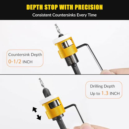 8PCS Countersink Drill Bit Set with Low Friction Depth Stop, Replaceable HSS Pilot Drill, Multi-Size Bits, 1/4" Hex Shank, Precision Woodworking Tool for Wood
