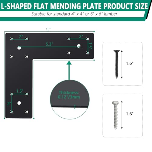 Pergola Flat Brackets 10" x 10",L-Shape Straight Joining Brackets for 4 x 4 or 6 x 6 Lumber,Heavy Duty Mending Plate for Gazebo,Porch,Truss Framing,Log Cabins - 4Pack - size: L-shape
