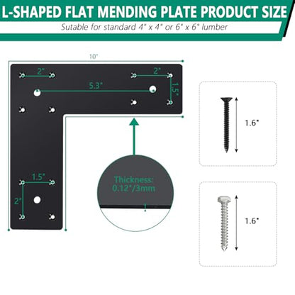 Pergola Flat Brackets 10" x 10",L-Shape Straight Joining Brackets for 4 x 4 or 6 x 6 Lumber,Heavy Duty Mending Plate for Gazebo,Porch,Truss Framing,Log Cabins- 2Pack - size: L-shape