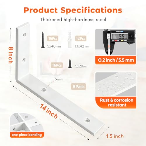 Shelf Bracket 8 Pack 14" Lx8 H 5mm Thick Heavy Duty White L Brackets - color: White-8pack, size: 14"Lx8"Wx1.5"W