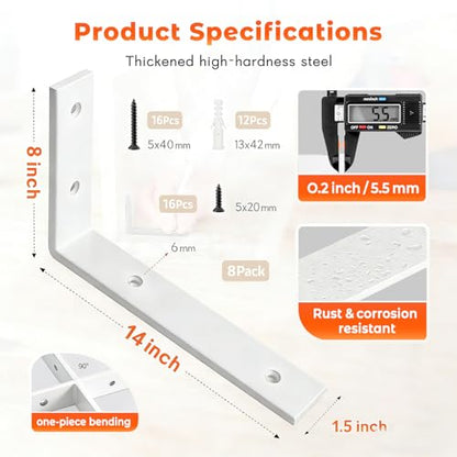 Shelf Bracket 8 Pack 14" Lx8 H 5mm Thick Heavy Duty White L Brackets - color: White-8pack, size: 14"Lx8"Wx1.5"W