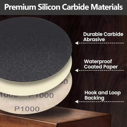 50Pcs 5 Inch Hook & Loop Sanding Discs, 1000 1500 2000 3000 5000 Grit Assortment Wet Dry Silicon Carbide Sandpaper for Automotive Wood Metal Polishing
