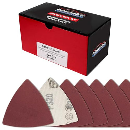 ProductionShop Premium 320 Grit Triangle Mouse Detail Sander Sandpaper Sheets, Box of 45 - Hook & Loop, Triangular Shaped Mouse Disc Pads - Oscillating Multi-Tools - Woodworking, Sand Furniture Paint - style: 320 Grit