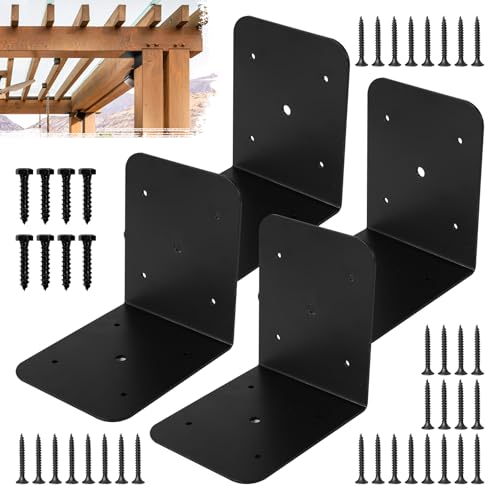 4 Pack 5" Black Corner Brackets Support, 6" x 6" x 5" Heavy Duty L Right Angle Bracket Corner Brace for Timber Wood Furniture Connector