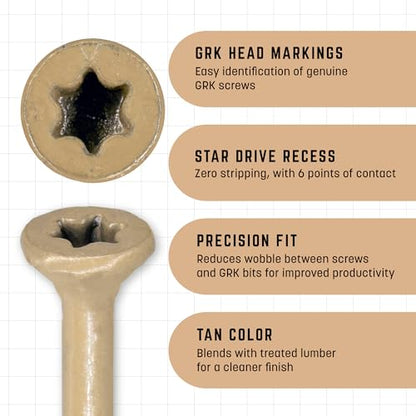GRK Fasteners Deck Elite #9 x 1-5/8 Inch Decking Screws, 1080 PCS, Corrosion Resistant Coating, Outdoor Fencing, Railing, and Deck Fasteners, Fast Bite Tip, Star Drive Recess, T-25 Bit Included, Tan