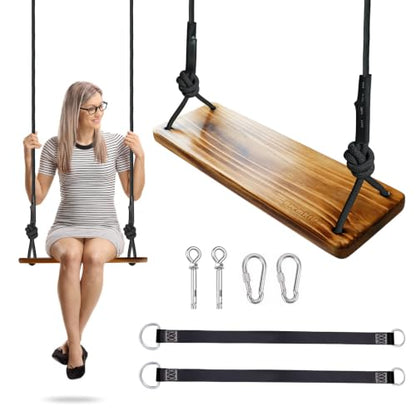 Carbonized Wooden Tree Swing with Adjustable Climbing Rope & Tree Straps - color: Brown