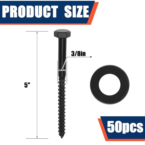 Tandefio 50 Pack 3/8''X 5'' Lag Bolts Screw with Washer Galvanized, Black - size: 3/8''x 5''