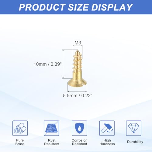 MECCANIXITY 20 Pcs Brass Screws, M3 x 10mm Solid Slotted Drive Flat Head Self-Tapping Wood Screw Fasteners for Woodworking Furniture Repair Photo Frame Drywall Home Appliances, Gold - size: M3 x 10mm