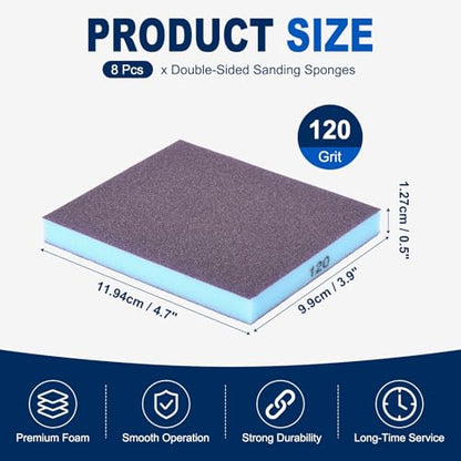 8Pcs 120Grit Double-Sided Sanding Sponges, Washable & Reusable - size: 120Grit