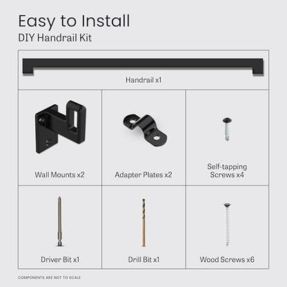 Modern Aluminum Handrail Complete DIY Kit – Matte Black with Adjustable Wall Mount Brackets Included (3' Length) - size: 3' length