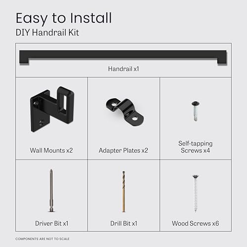 Modern Aluminum Handrail Complete DIY Kit – Matte Black with Adjustable Wall Mount Brackets Included (4' Length) - size: 4' length