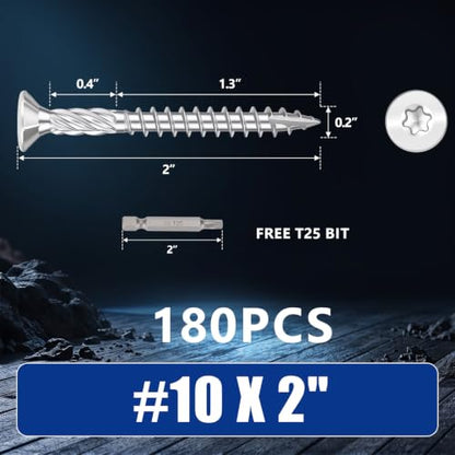 #10x2inch Stainless Steel Deck Screws 180 PCS Wood Screws with T25 Star Bit - size: #10*2"-180pcs