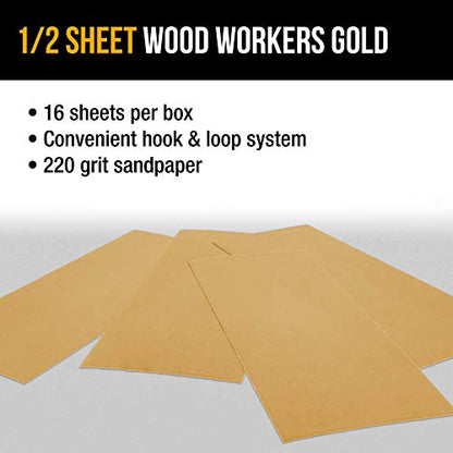 Dura-Gold Premium 1/2 Sheet Gold Sandpaper Sheets, 220 Grit (Box of 16) - size: 220-Grit