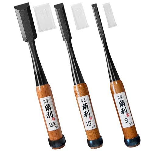 KAKURI Japanese Wood Chisel Set 3-Piece for Woodworking (Long Handle) - color: Evergreen Oak