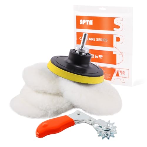 Wool Buffing Polishing Pad, SPTA 3 Inch (75mm) Lambwool Wool Buffing polishing Pads With Pad Clean Tool, 6 Pcs Kit with Hook & Loop 5/8"-11 Thread Drill Adapter for Car Polishing and Buffing QA0798SET - size: 80mm Sets