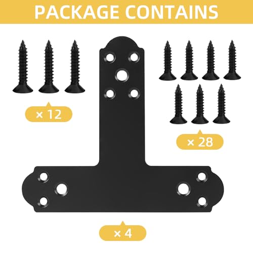 Black T Bracket, 4 pcs T Post Brackets Pergola Post to Beam Connectors 4mm Thickness for Wood, Steel Repair Fixing Mending T Plate Bracket Flat Connector with Screws - style: T Plate Bracket