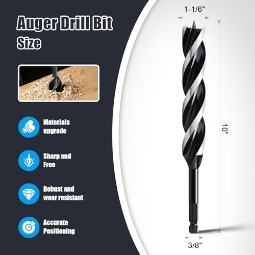 1-1/6" x 10" Auger Drill Bit for Wood,Hex Shank Tri Flute Drill Bit - size: 1-1/6"x10"
